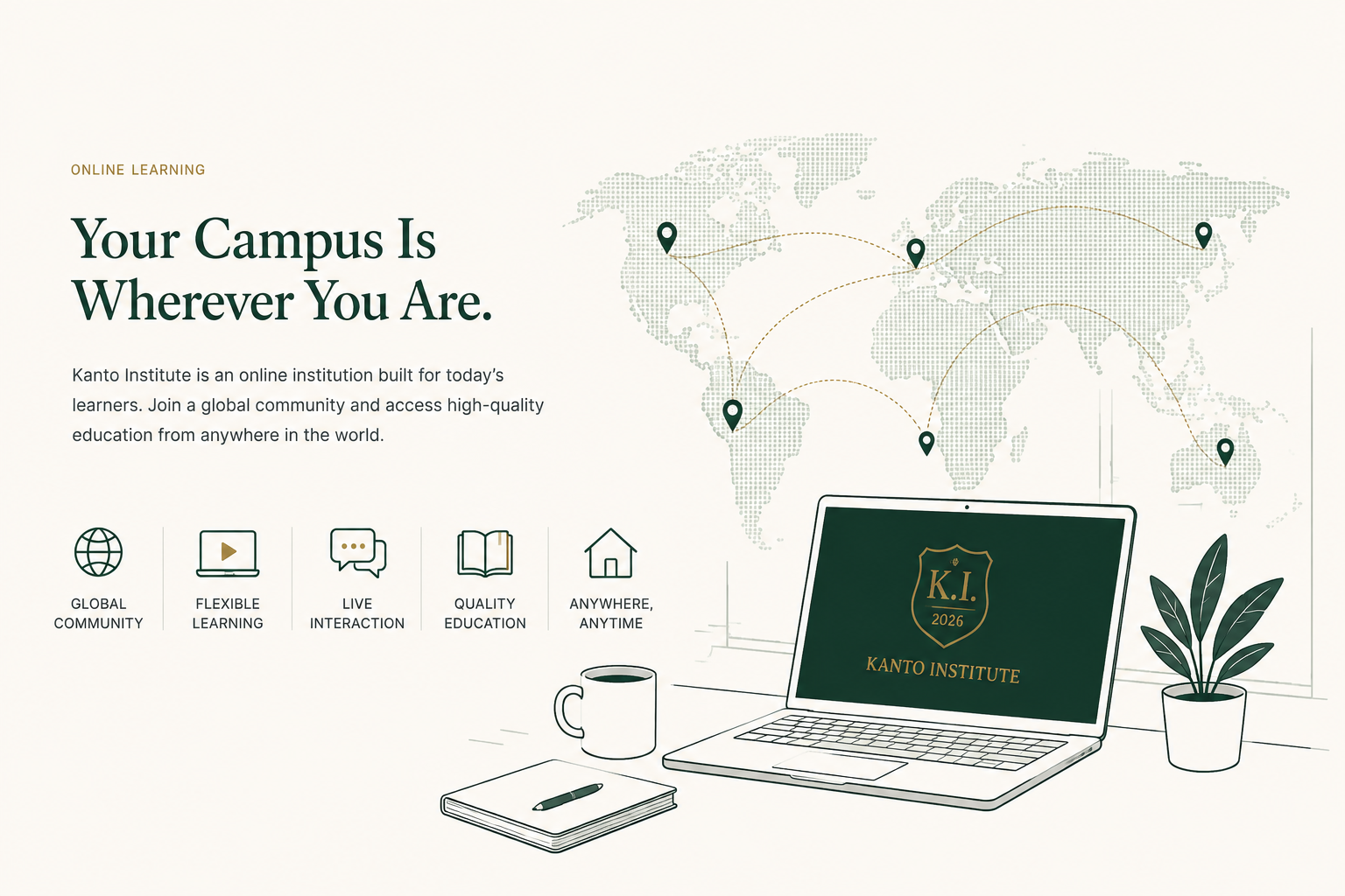 Illustration of a laptop displaying the Kanto Institute crest, surrounded by a world map with connected locations, representing global online learning.